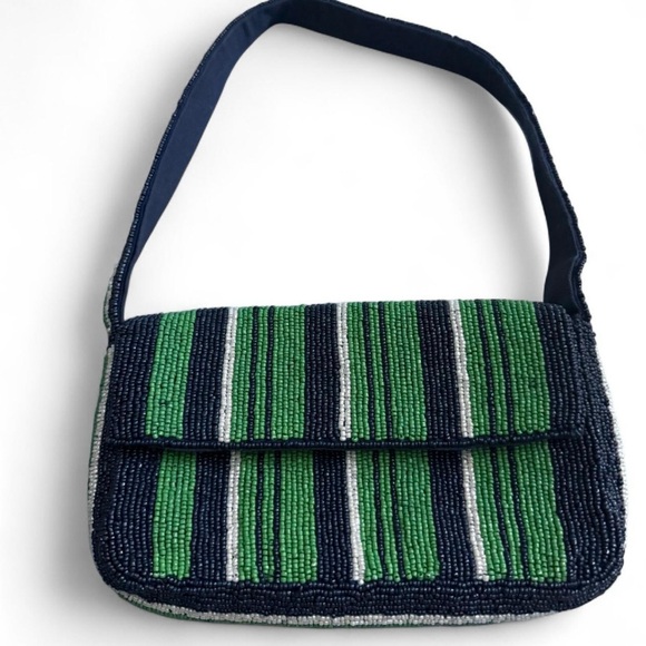 Anthropologie Handbags - Anthropologie Beaded Striped Shoulder Bag in Green and Navy